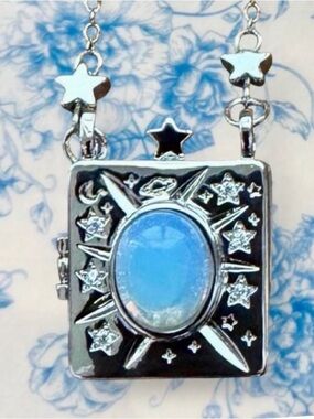Celestial Silver Stars Moon Locket Necklace w/Opal Rainbow Moonstone Pendant ✨